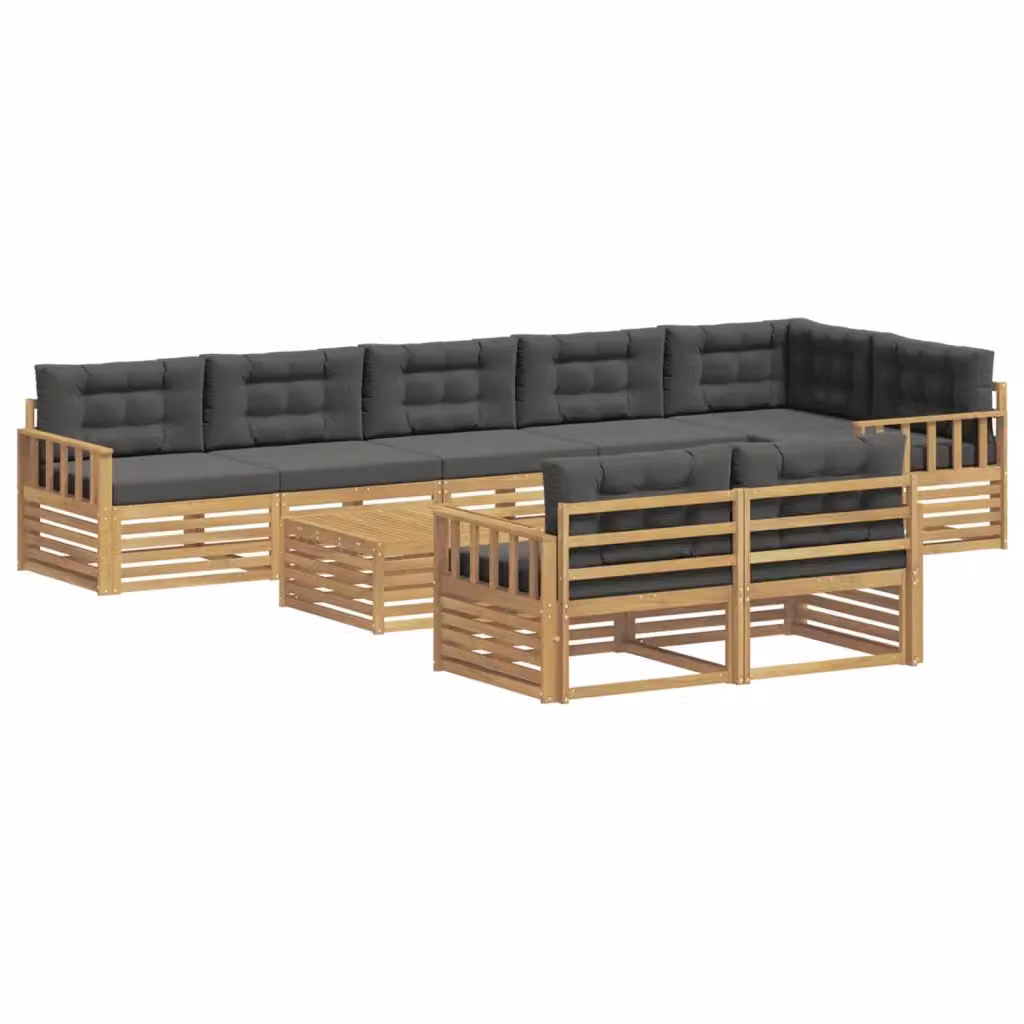 Set di divani da esterno a L con tavolino vidaXL, composto da 9 pezzi in legno di acacia e tessuto bianco e antracite – 2