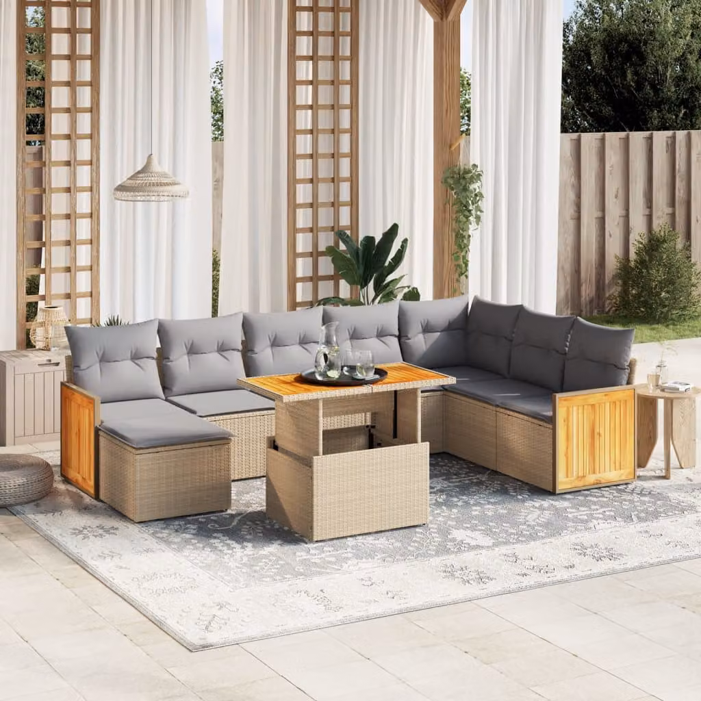 vidaXL Set Divano da Giardino 9 pz Moderno con Cuscini Beige e Tavolino da Caffè in Polyrattan e Acciaio – 1
