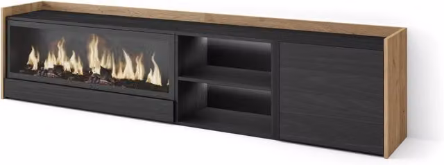 Mobile TV Soggiorno, 212x50x35 cm, Per TV fino a 80", Camino elettrico XXL, LED, Nero e rovere