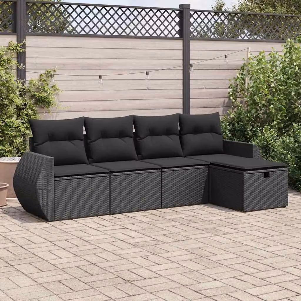 Set Divano da Giardino a L vidaXL 5 pz in Polyrattan Nero con Cuscini e Ottoman