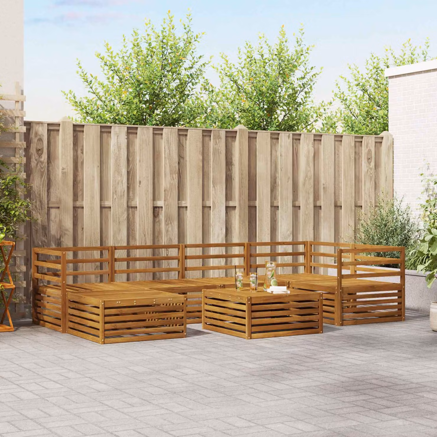 Set di divani da esterno vidaXL 7 pz in legno di acacia marrone con cuscini e tavolino da giardino a forma di L