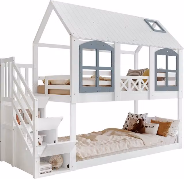 Letto a castello per bambini con tetto, finestre e scaletta contenitore, 90 x 200 cm, bianco e grigio