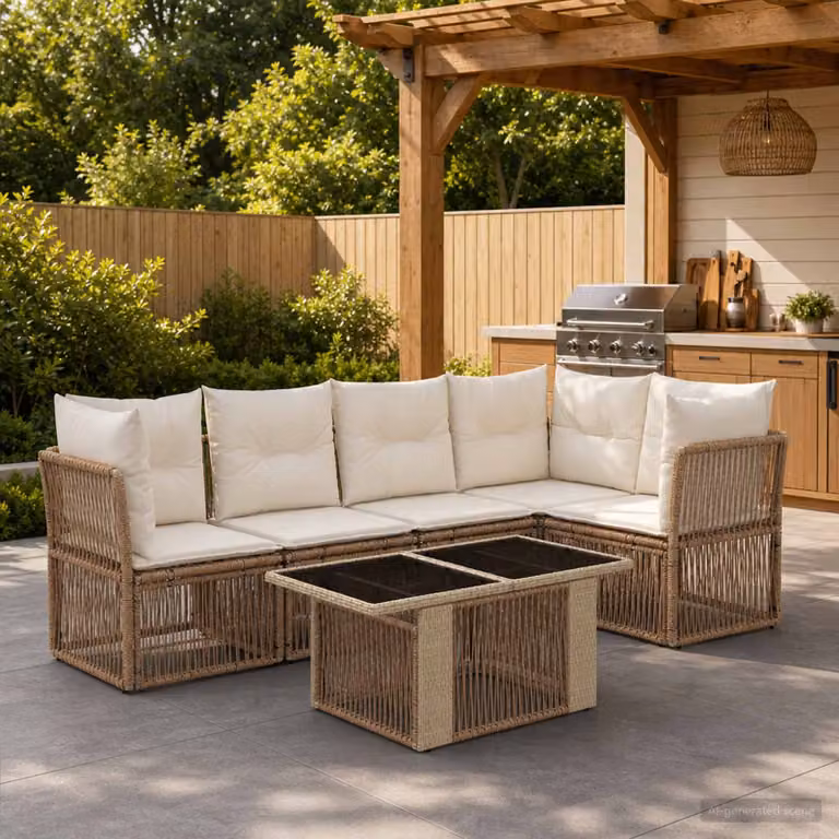 Set Divano da Giardino vidaXL 6 Pezzi in Polyrattan Beige con Cuscini e Tavolino