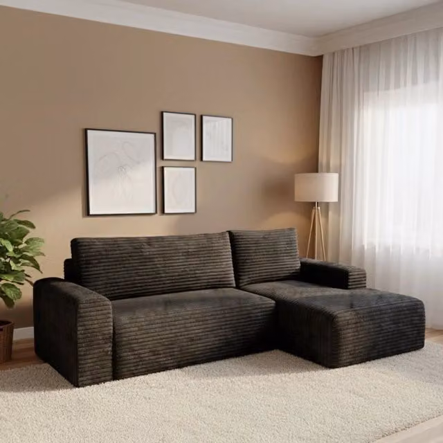 Divano Letto Folgarida con Penisola Contenitore DMORA, L Shape, Nero, L: 268 cm, P: 163 cm – 1