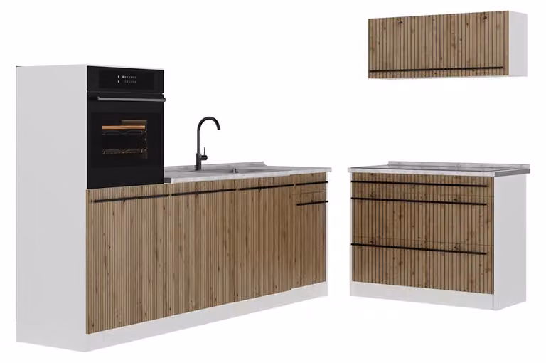 Cucina componibile Vicco R-Line Rovere artigianale/Bianco 220 cm piano di lavoro Marmo, Model 67443