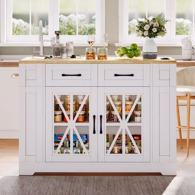 Isola da cucina con tavolo pieghevole 120 cm; piano estensibile; ante in vetro; ruote con freni; bianco e legno