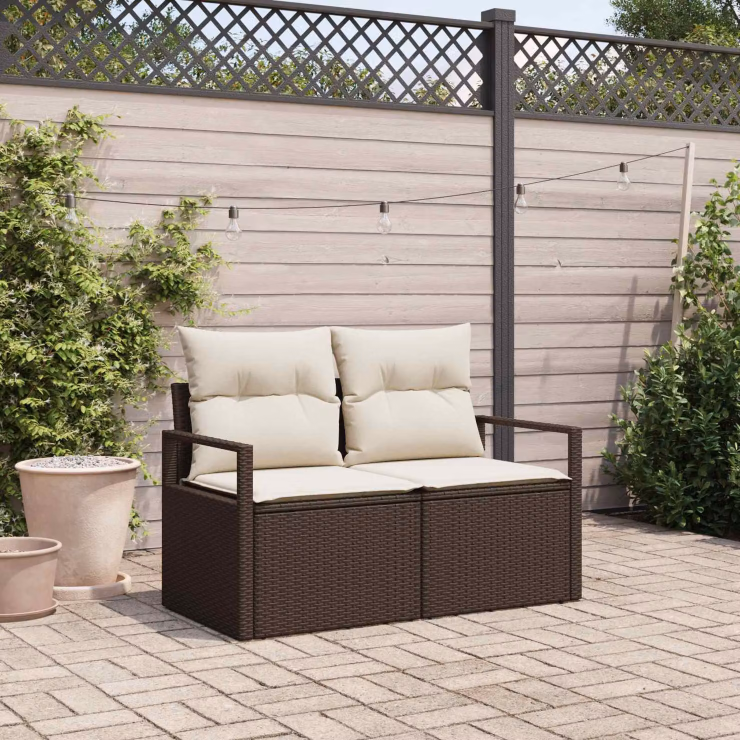 Divano da giardino moderno vidaXL in polyrattan marrone con cuscini L/P/H: 120 x 62 x 69 cm