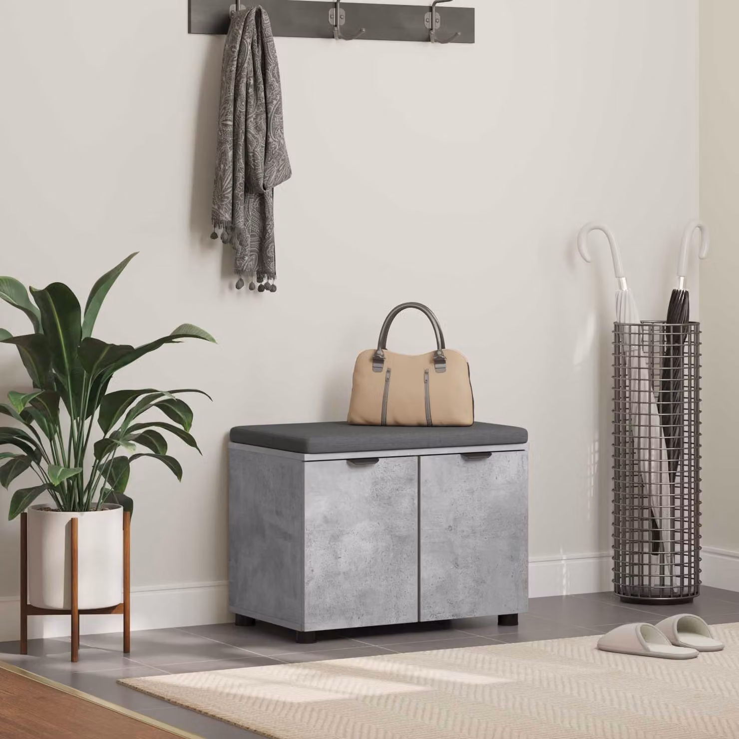 vidaXL Panca per ingresso con scarpiera e cuscino in tessuto Grigio, L 60 x P 38 x H 46 cm