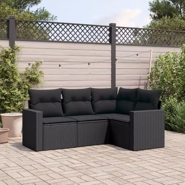 Salotto da Giardino-Set Divani da Giardino 4 pz con Cuscini Nero in Polyrattan 168903