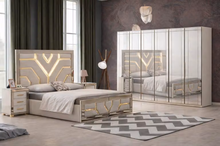 Set per camera da letto, 5 pezzi: letto, comodini, armadio e tavolino da trucco