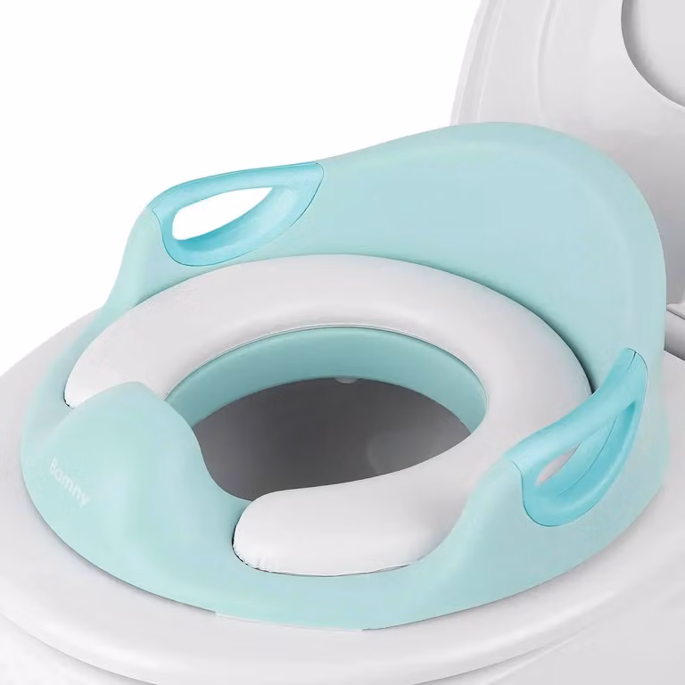 Riduttore per WC per bambini - Per l'addestramento all'uso del WC - Sedile imbottito - Maniglie e schienale - Adatto a WC rotondi e ovali - Verde chiaro
