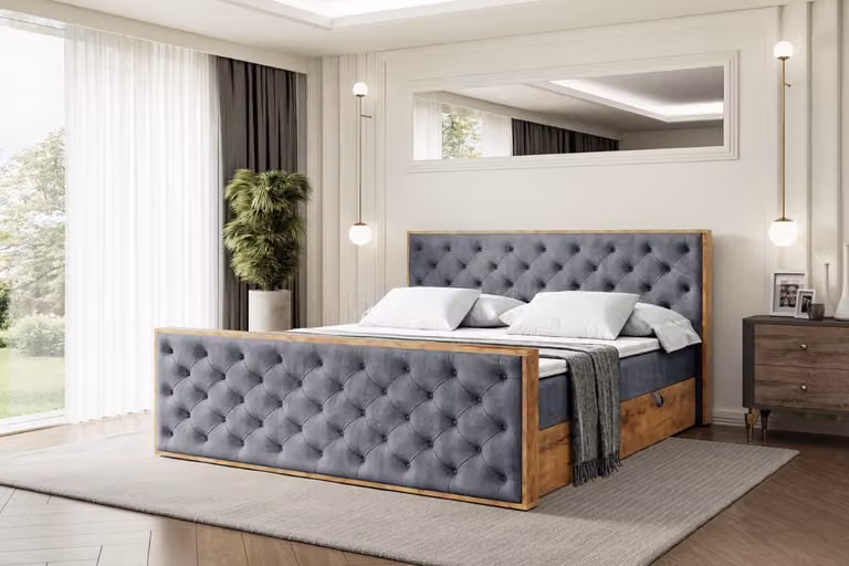 Letto boxspring ALTDECOR con materasso e rete a doghe, topper, pediera, letto imbottito con contenitore, letto con spazio contenitivo, materasso H3, letto matrimoniale, letto box - LOLLI3-Z - 200x200 - Grigio scuro Casablanca