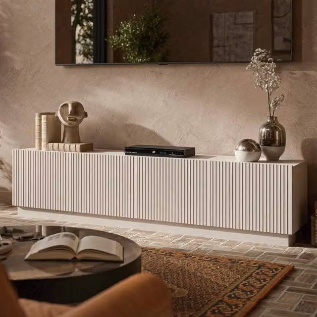 Mobile porta TV Macherio, Madia da salotto con quattro ante battenti, Design minimal e moderno, 200x40 h48 cm, Beige