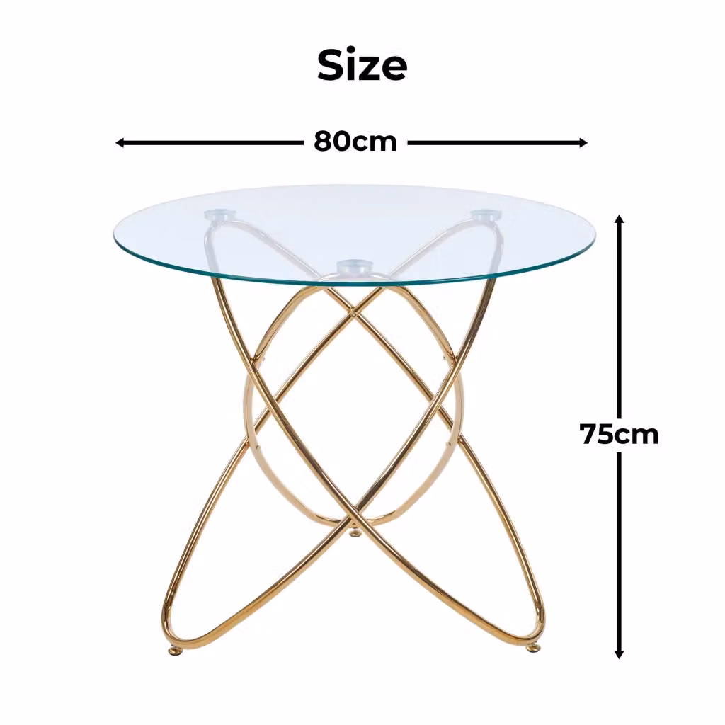 Tavolo da pranzo rotondo Mivray con piano in vetro lucido e struttura in metallo color oro per cucina e soggiorno – 2