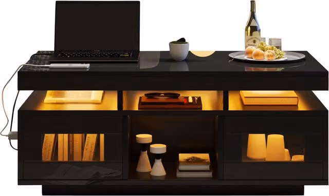 Tavolino da salotto REDOM nero lucido con vani contenitore L/P/H: 100 x 50 x 43 cm