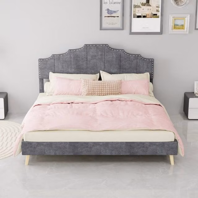 Letto matrimoniale 160x200 cm in tessuto e metallo, testiera geometrica grigio