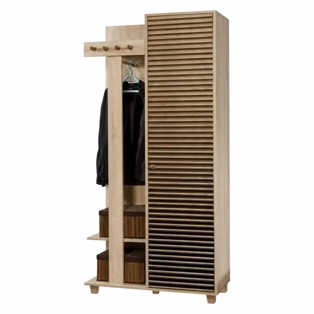 Mobile da ingresso Savina DMORA, composizione appendiabiti e consolle portaoggetti moderna in rovere, L: 90 cm, P: 36 cm, H: 194 cm – 2