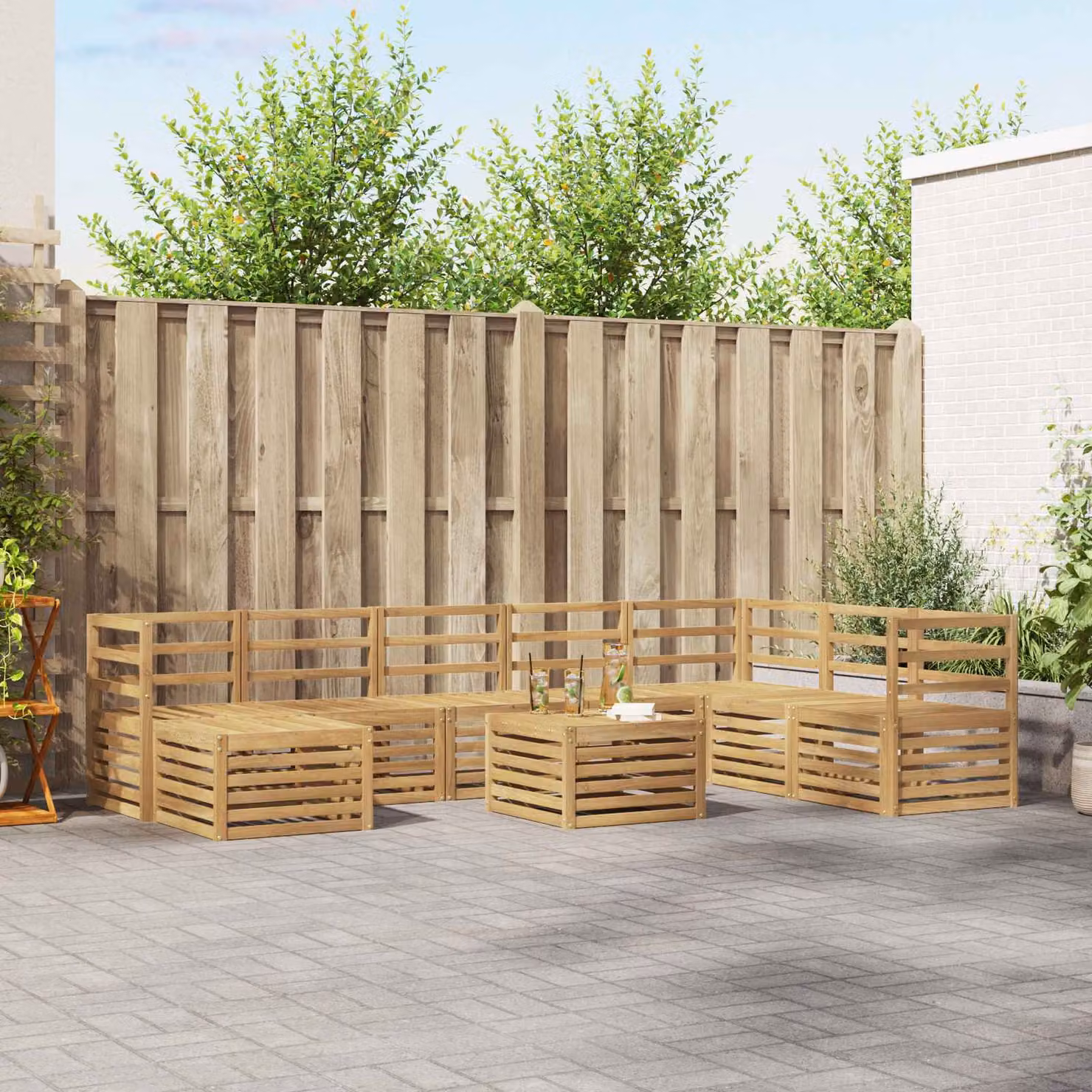 vidaXL Set di divani da esterno 9 pz in legno di acacia massello con cuscini bianchi e marroni per giardino e terrazza