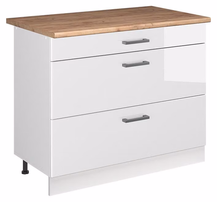 Mobiletto base per cucina Vicco R-Line Bianco lucido/Bianco 100 cm piano di lavoro Rovere dorato, Model 71541