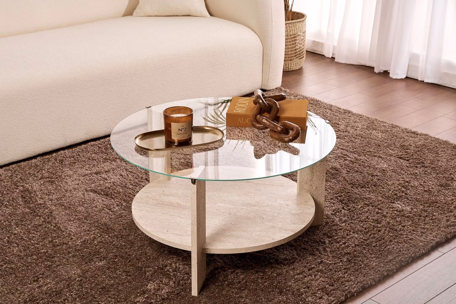 Skye Decor, Clara - Travertine, trasparente, tavolino da salotto, travertino, piano in melamina al 100%, 75 x 75 x 40 cm