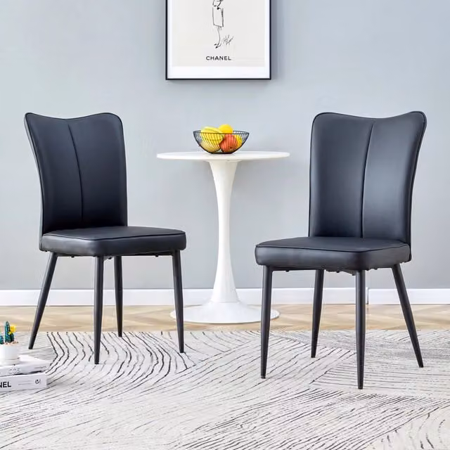 Set di 2 sedie da sala da pranzo OKWISH in ecopelle nera con schienale ergonomico e piedini regolabili in metallo, Altezza: 89 cm