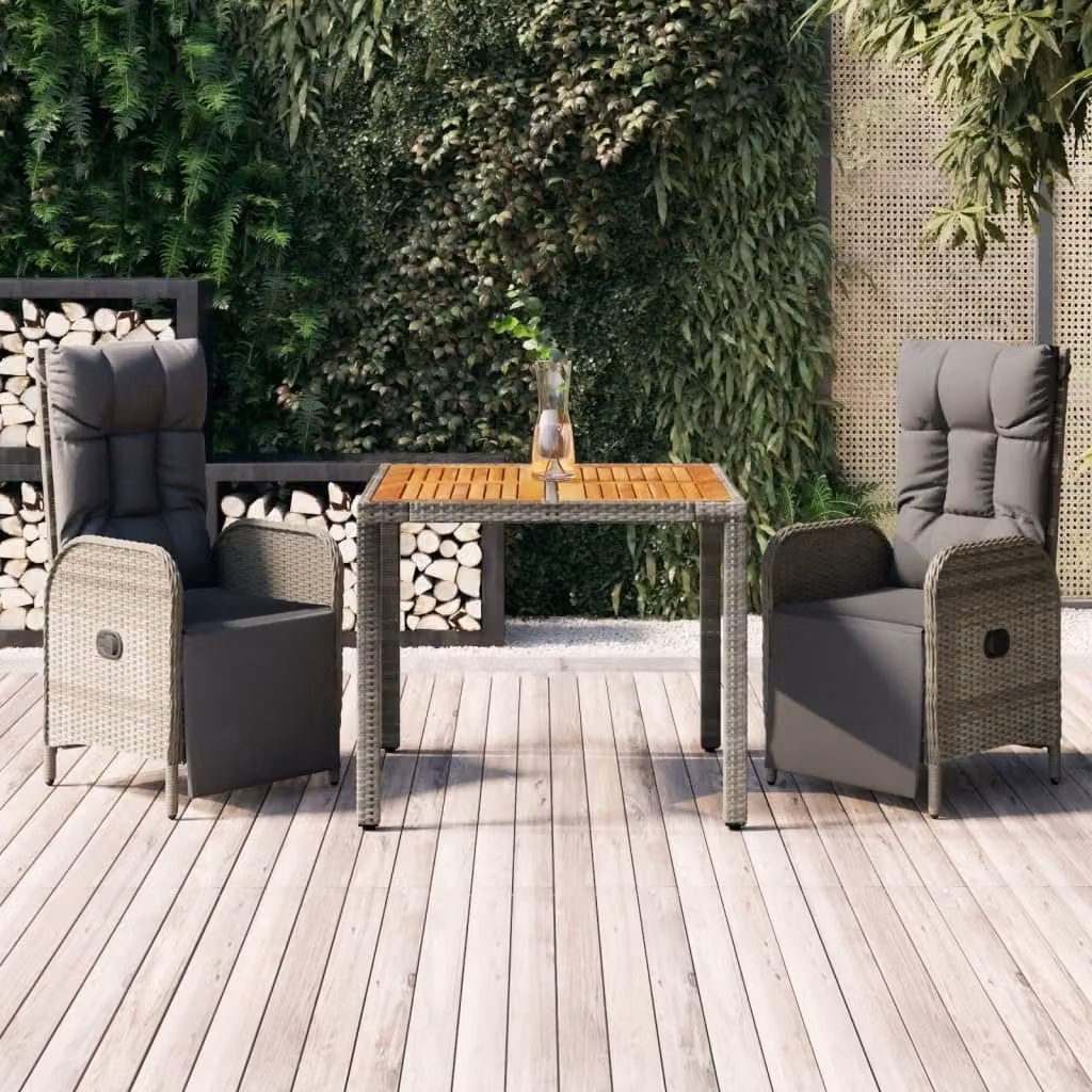 The Living Store Set da pranzo da giardino in 3 pezzi con cuscini in poly rattan grigio