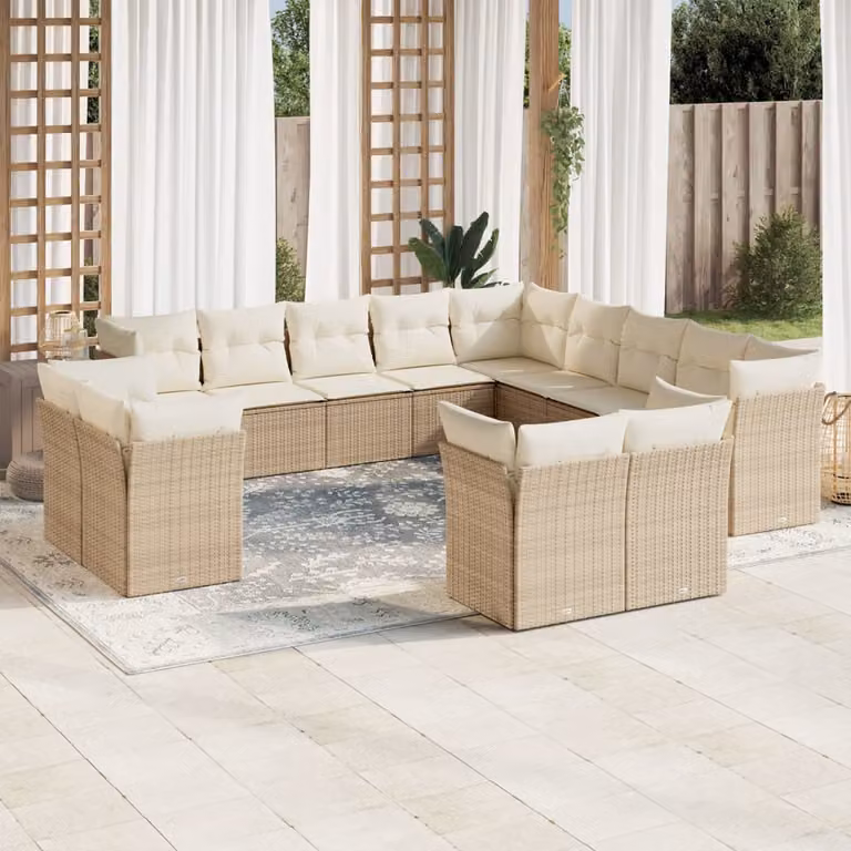 vidaXL Set Divano da Giardino a Forma di U composto da 13 Pezzi con Cuscini Beige e Struttura in Metallo e Polyrattan