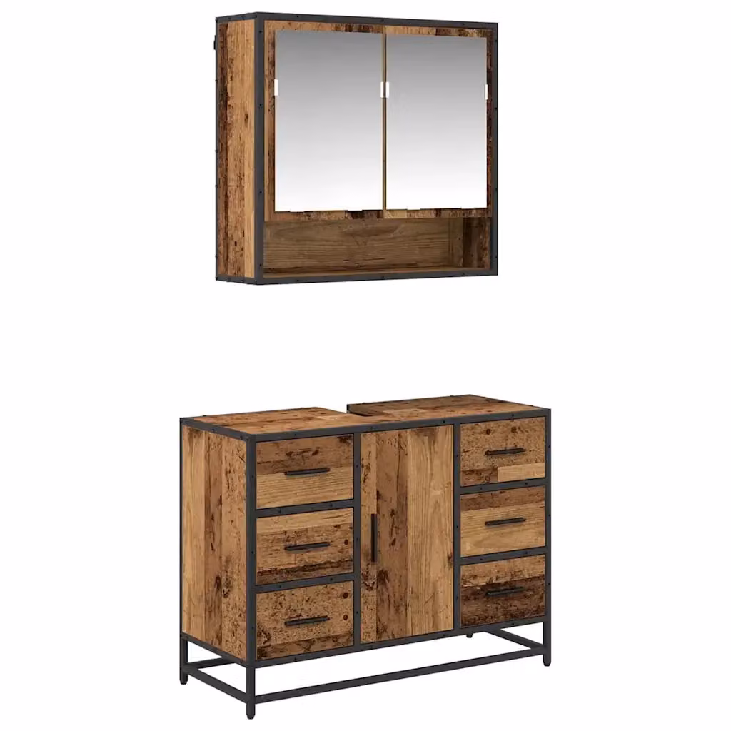 Set di mobili per il bagno moderno vidaXL composto da mobile sottolavabo e armadietto con specchio in legno e metallo, colore marrone e nero, L/P/H: 80 x 33 x 60 cm – 2