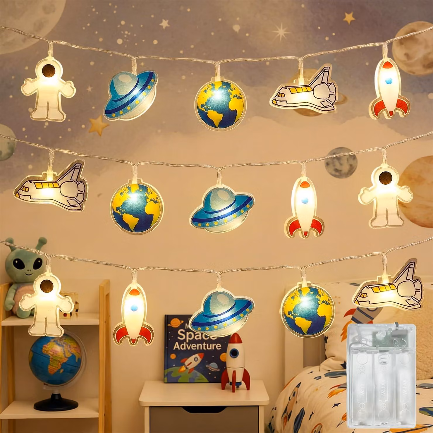 Catena luminosa a LED, lunghezza 1,5 metri, 10 LED bianco caldo, con motivi a tema animali, alimentata a batteria