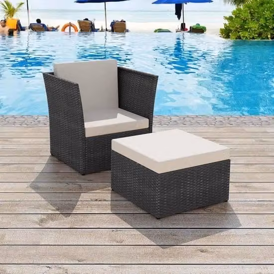 Gardenia Sedile da Giardino con Pedane in Rattan Poli Nero