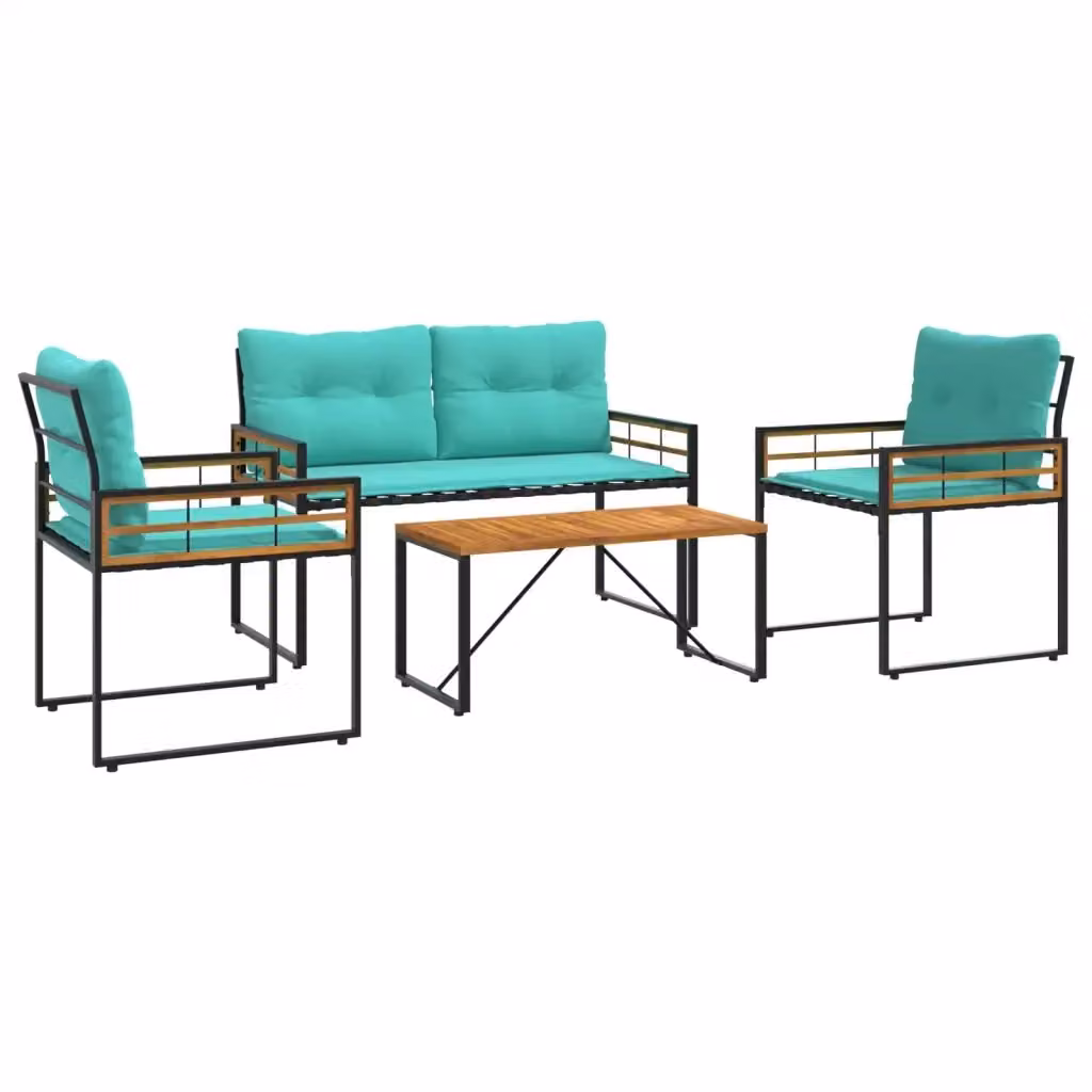 Set di mobili da esterno moderno vidaXL in legno di acacia e metallo con cuscini, 4 pezzi, Turchese e Nero – 2