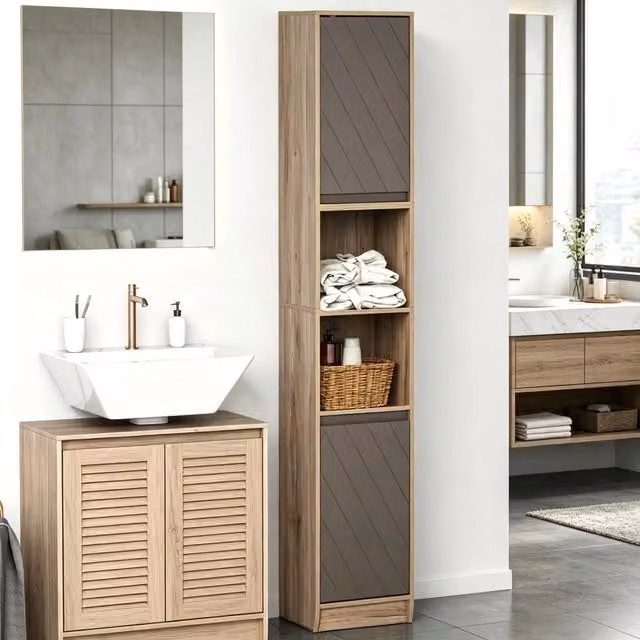 Armadietto da bagno OKWISH moderno in MDF e composito grigio con 2 ante e ripiani interni, H: 170 cm, L: 30 cm, P: 24 cm