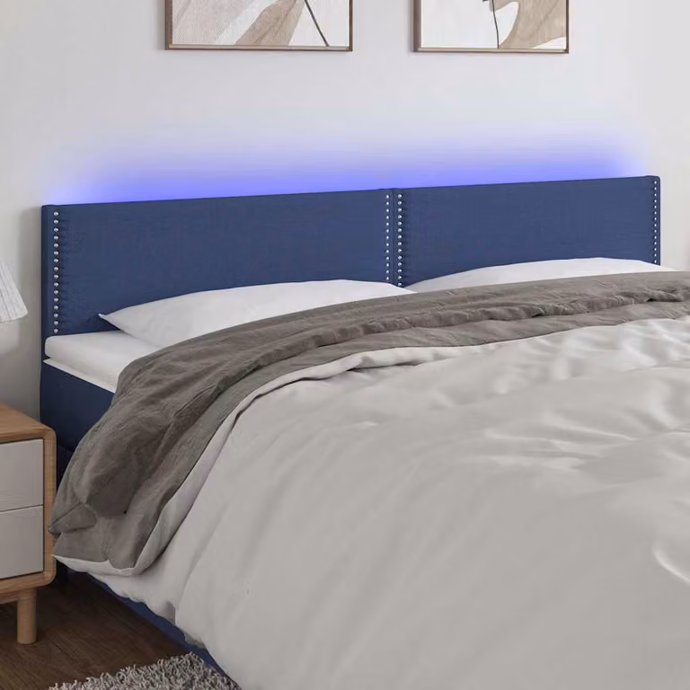 Testiera per letto vidaXL in tessuto blu con illuminazione LED e porta di ricarica USB, L 200 x P 5 x H 78/88 cm