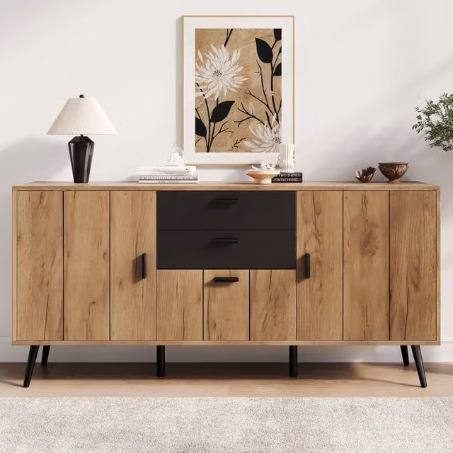 Credenza moderna SINGULARTY con 2 cassetti e 3 ante, colore nero e marrone, L/P/H: 140 x 35 x 67 cm