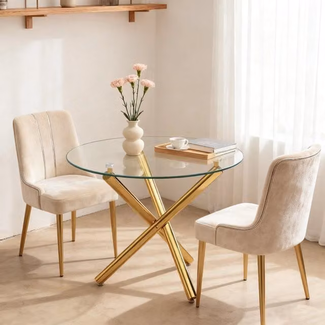 Tavolo da Pranzo Rotondo ¨C Xylo ¨C Piano in Vetro Temperato, Gambe Dorate, 80x80x76 cm
