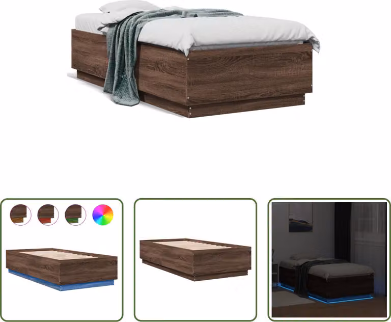 The Living Store Struttura letto con LED effetto rovere marrone 75x190 cm Materiale a base di legno