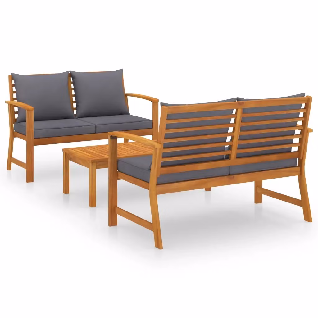 Set da giardino vidaXL in legno di acacia con cuscini grigi e tavolino da esterno composto da 2 divani a 2 posti e 1 tavolino – 2