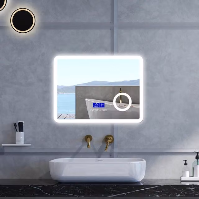 Specchio da bagno Rettangolare con 80x60cm,ingranditore 3x,orologiBlue tooth,3 colori,Memoria, Antifog,Regorabile,Retroilluminato,doppio interruttore,