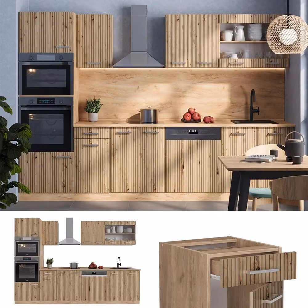 Cucina componibile moderna Vicco R-Line in Rovere e Antracite con armadio alto, L: 300 cm – 2
