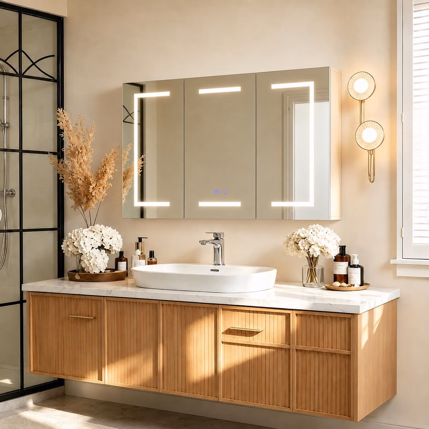 Mobile contenitore con specchio a LED per il bagno, dimensioni 100,4 x 60 x 13,5 cm, dotato di 3 ante a specchio di uguale larghezza, 3 tonalità di luce, funzione antiappannamento e presa di corrente