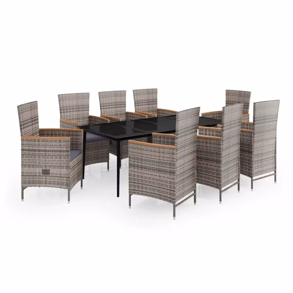 Set da pranzo da giardino vidaXL in polyrattan con tavolo in vetro e cuscini grigi e neri, 9 pezzi – 2