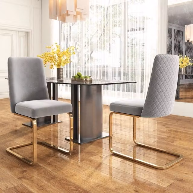 Sedia da Pranzo Velluto Set 2 Pezzi Design Schienale Diamante ¨C MINIMAL ¨C Gambe Metallo Dorato, Grigio