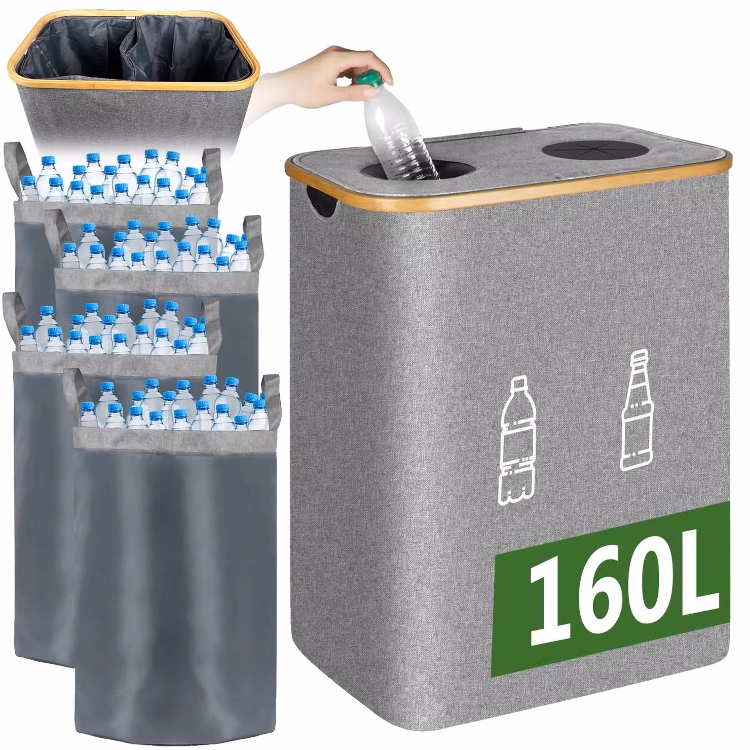 Contenitore per la raccolta di bottiglie, capacità 160 litri, con tasche interne removibili, colore grigio, taglia XL