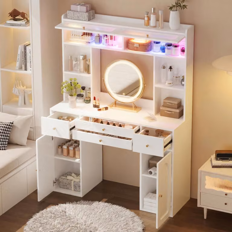 Okwish, grande tavolino da trucco con cassetti e ante in vetro, comò da trucco con specchio e illuminazione, tavolino per cosmetici, ampio spazio di stoccaggio, bianco