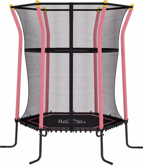 Mini Trampolino Elastico per Bambini HOMCOM con Rete di Sicurezza e Pali Imbottiti, Rosa, Ø 163,5 x 190 cm