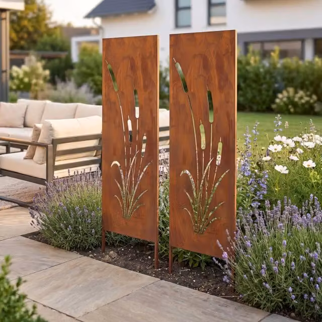 Set di 2 Pannelli Divisori Frangivista Irsina con Motivo Canne in Acciaio Corten, Colore Marrone, L: 50 cm, H: 160 cm – 1