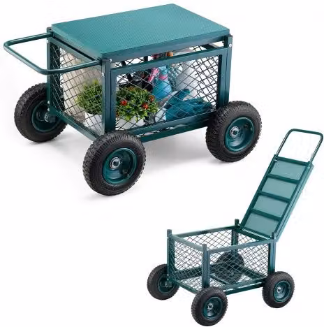 VEVOR Carrello da Giardino con Ruote in PP e Sedile da Lavoro, Contenitore Portaoggetti per Giardinaggio e Tosaerba, Verde e Nero, L 76 cm x P 52 cm x H 44 cm