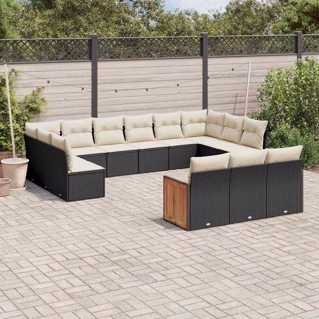 Set di divani da giardino vidaXL a forma di U in polyrattan nero con cuscini inclusi – 1