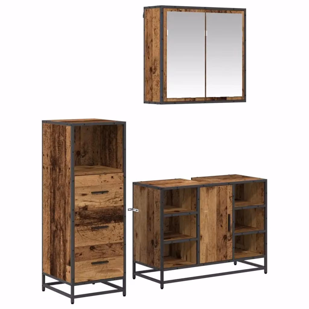 Set di mobili per il bagno vidaXL 3 pezzi in legno e metallo marrone, composto da mobile specchio, mobile lavabo e mobile laterale, L/P/H: 80 x 33 x 60 cm – 2