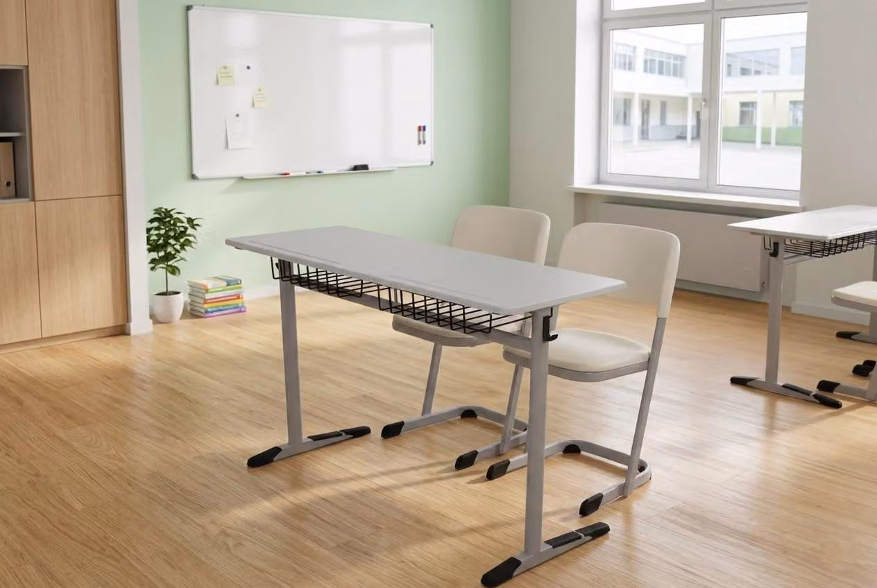 Robusto banco scolastico doppio con 2 sedie, grigio, moderno, per aula